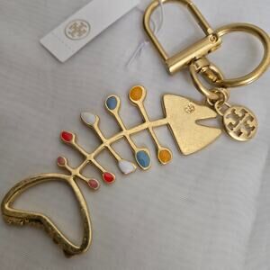 Tory Burch Fish Bone Bottle Opener Keychain Bag Charm NWT Gold Colorful Logo